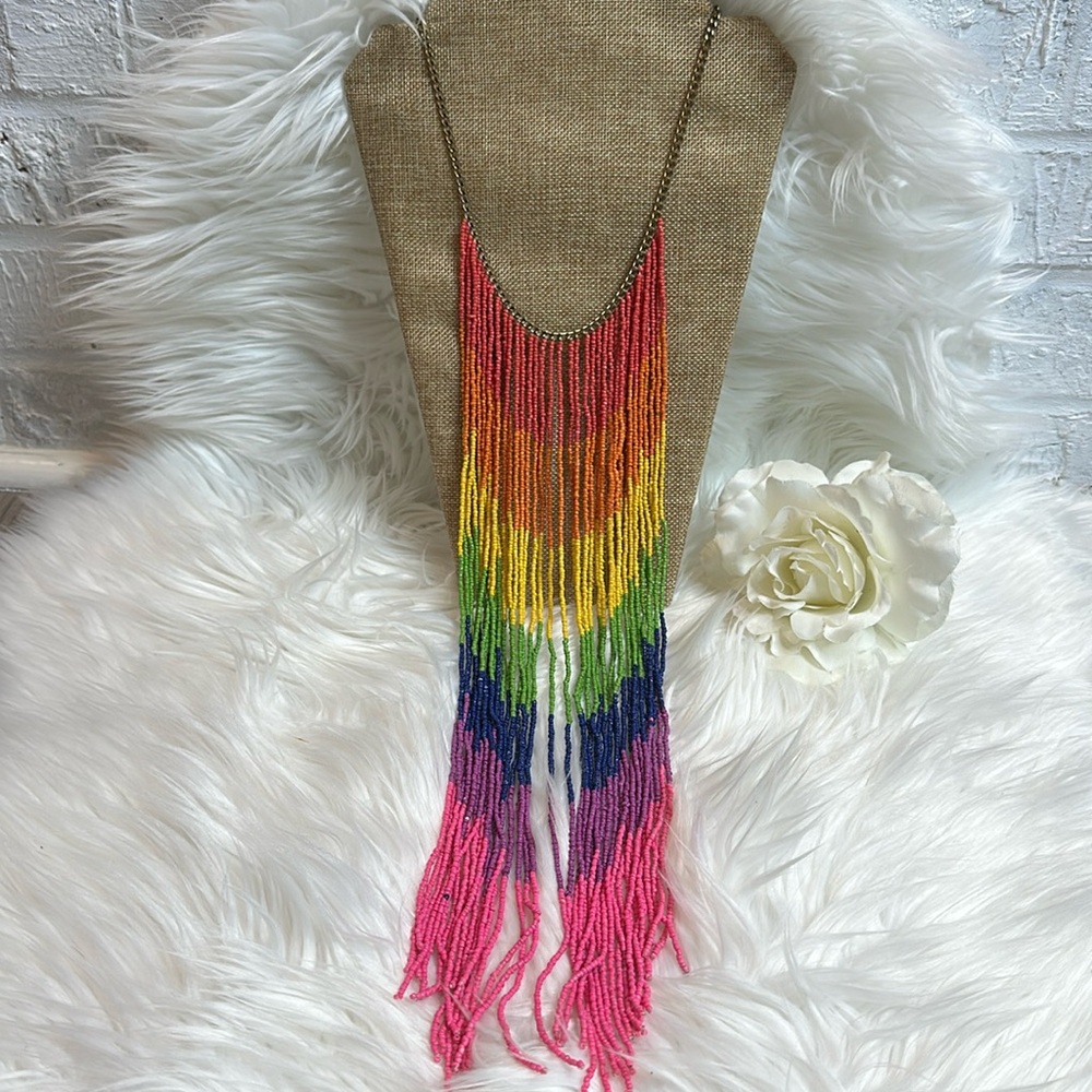 EUC Colorful Rainbow Beaded Long Drape Necklace